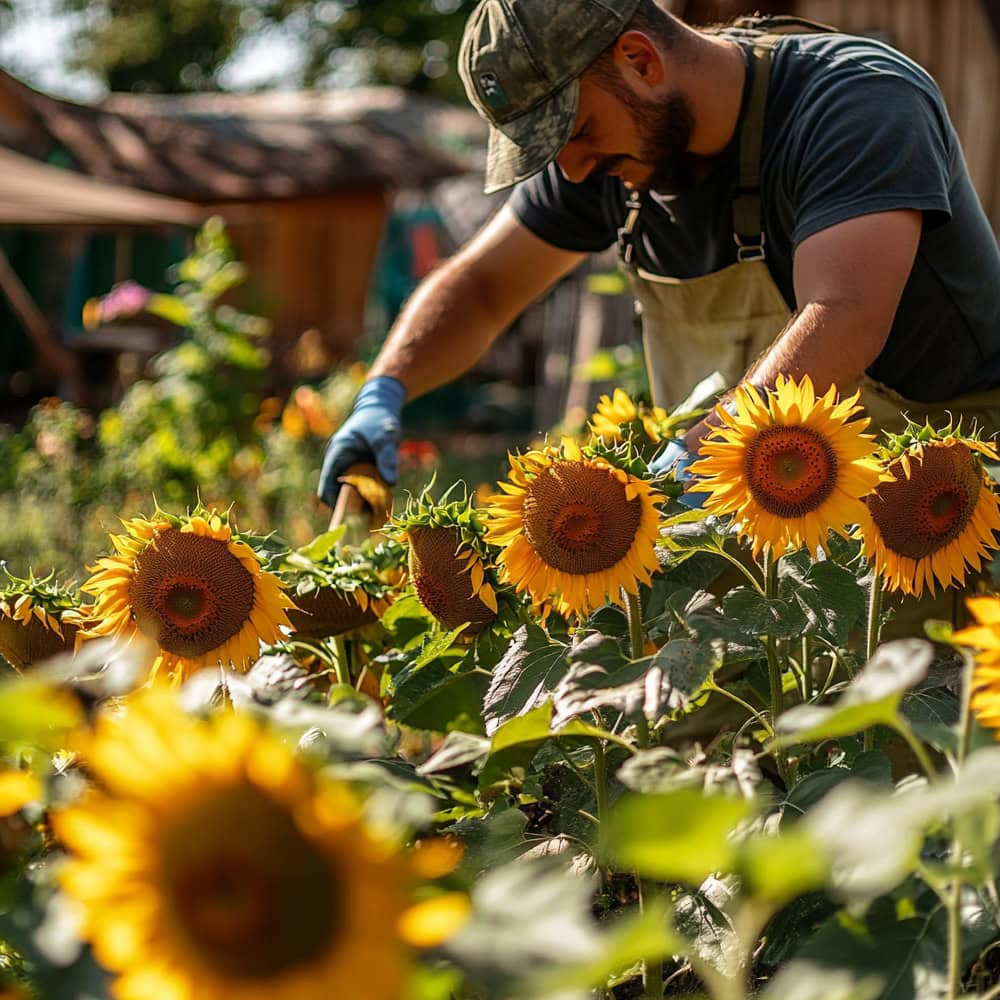 cutting sunflowers